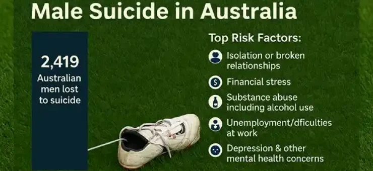 Male Suicide Risk Factors in Australia Infographic on male suicide in Australia showing key risk factors including isolation, financial stress, substance abuse, and mental health issues.
