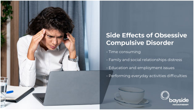 worried lady holding her head with both hands looking at the laptop with text copy side effects of OCD