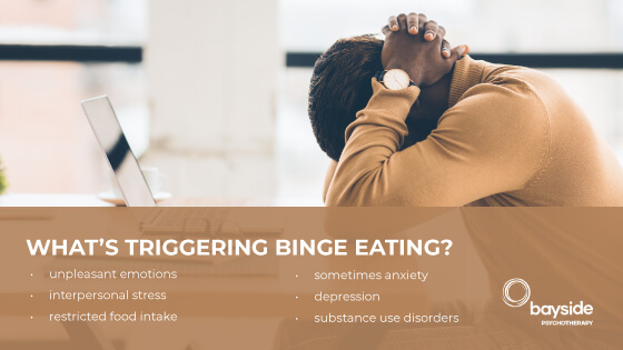 side and back of a dark skin man with the head down showing unpleasant emotions and hands crossed above his head in front of a laptop with text about what's triggering binge eating