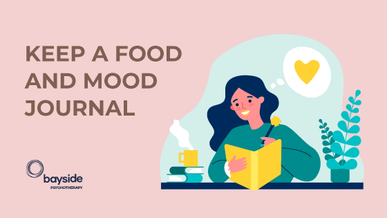 illustration with a woman with long wavy hair and a green sweater writing in a yellow journal with a cup of coffee and books on a side and a plant looking like a fern on the other side on a pink background with the text keep a food and mood journal and Bayside Psychotherapy logo
