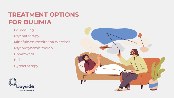 illustration with a young person on the couch being treated, a professional therapist man on an armchair showing some connections with a pen in the air and a plant in a pot with text about the treatment options for bulimia