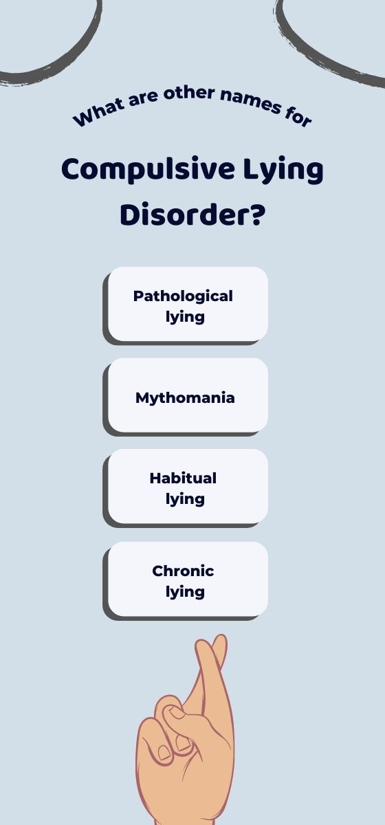 infographic showcasing different names for the compulsive lying disorder on a blue-grey background and a hand with fingers crossed at the bottom