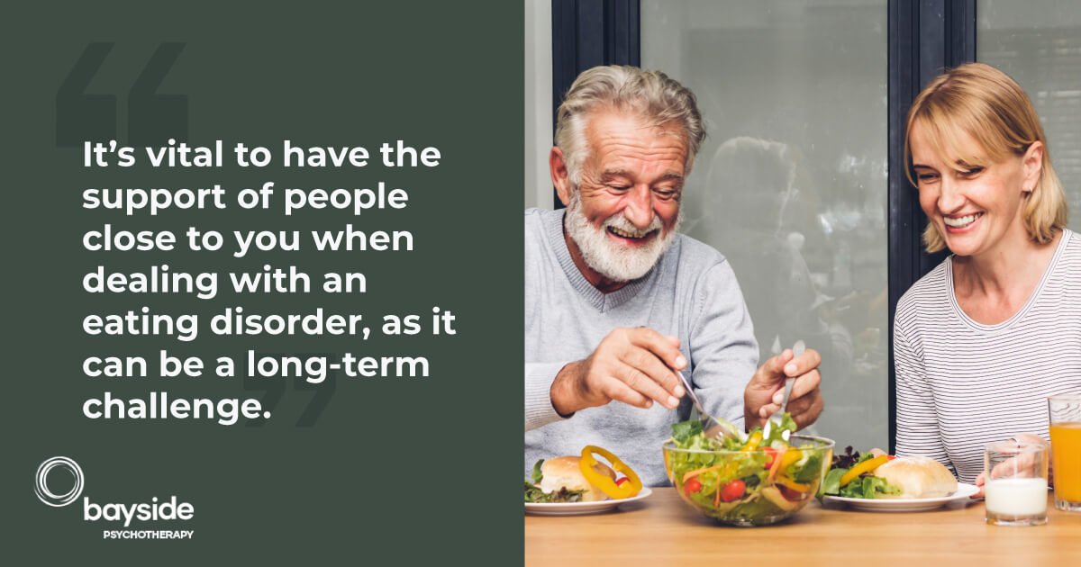 illustration about how the family support can help during eating disorder treatment and a happy mature couple eating a healthy meal