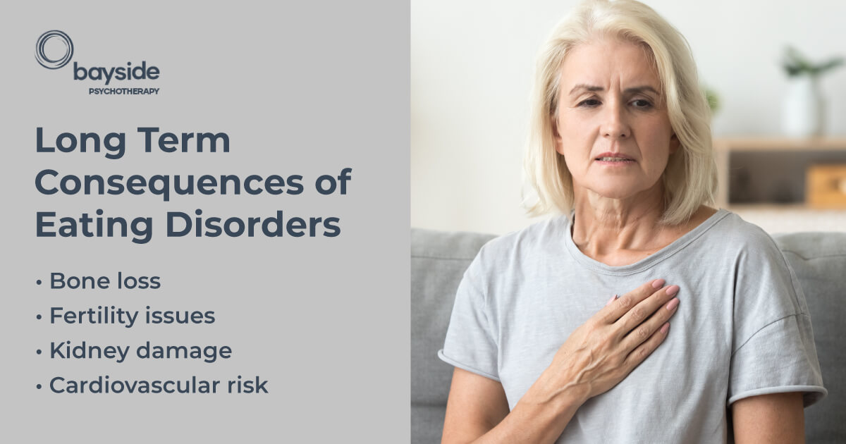 illustration with a mature blonde woman wearing a grey T-shirt and holding her right hand over her chest with copy about the long term consequences of eating disorders and Bayside Psychotherapy logo on the top left corner