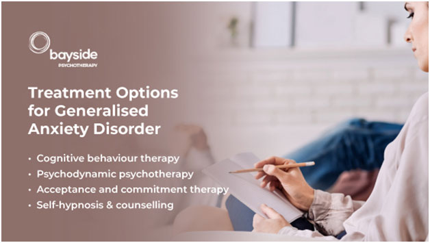 illustration with a woman taking notes in a notebook and someone faded looking like a patient in the background with the copy about the treatment options for anxiety disorder and Bayside psychotherapy logo