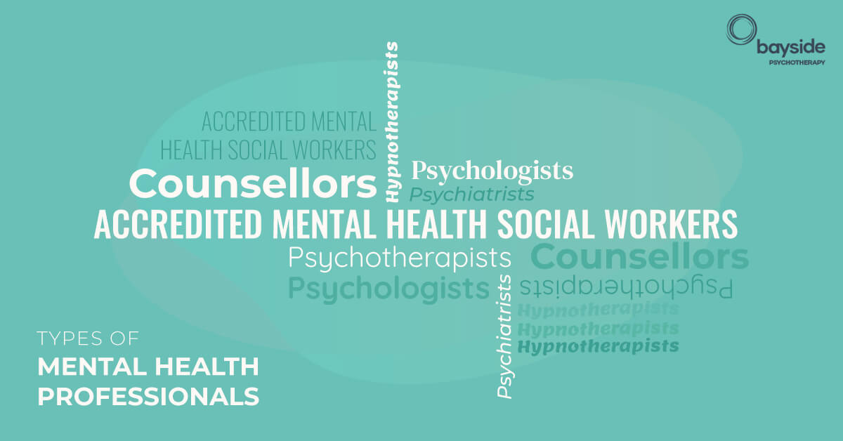 word cloud with different types of mental health professionals with white and green fonts on a turquoise background and the Bayside Psychotherapy logo on the top right corner
