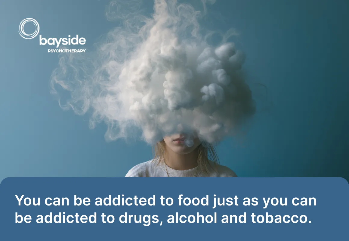 Illustration with a blue brain and a chemistry formula on dark blue background, a quote about being addicted to junk food and the Bayside Psychotherapy logo