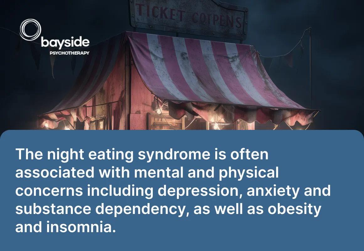 silhouette of a person looking into fridge during night on a black background and a quote about night eating syndrome and Bayside Psychotherapy logo at the bottom right