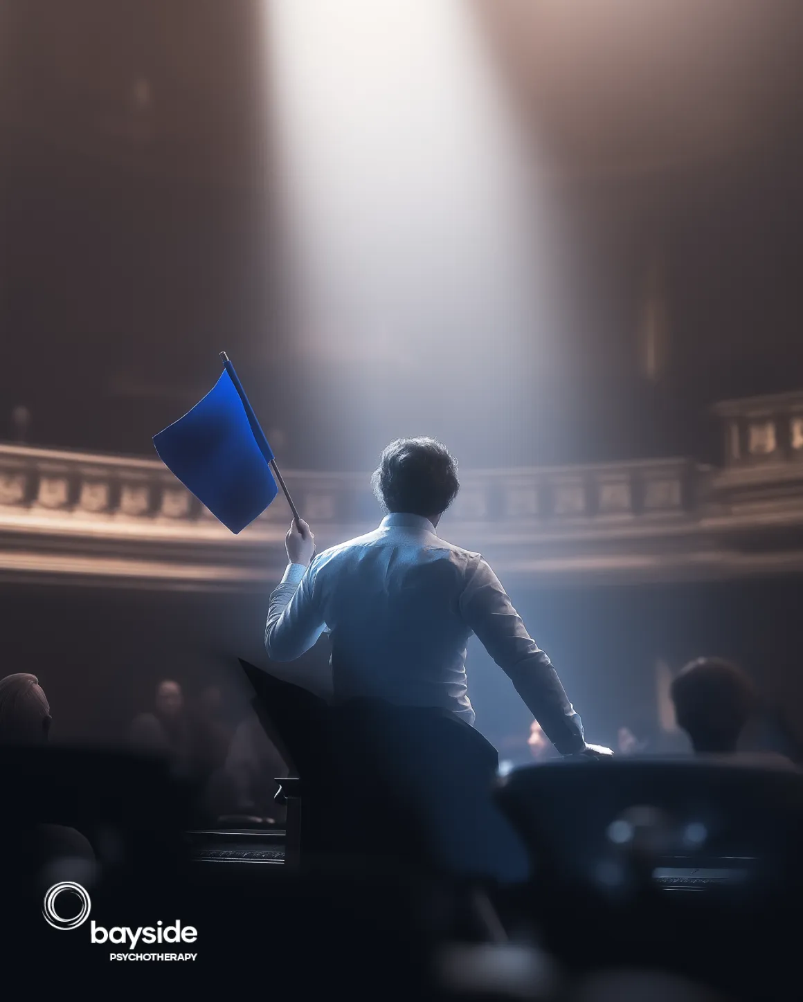 a man standing in front of crowd with the blue flag