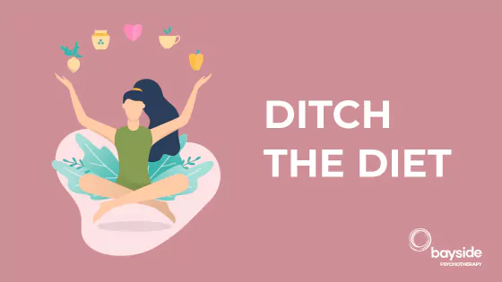 7 Tips to Break Away From Binge Eating 4 illustration with a woman with long wavy hair in a ponytail and a green top tank sitting on leaves and juggling with healthy food stylised images on a dusty pink background with the text ditch the diet and Bayside Psychotherapy logo