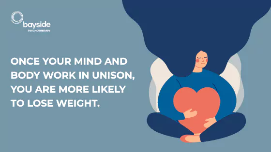 illustration with a woman with long dark hair in a blue sweater with a big red heart in her arms on a blue greyish background with the text