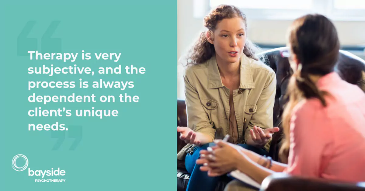 illustration with a quote about therapy on the left side, with white fonts on a turquoise background and the Bayside Psychotherapy logo at the bottom left and 2 young women with white skin and long hair discussing on the right side